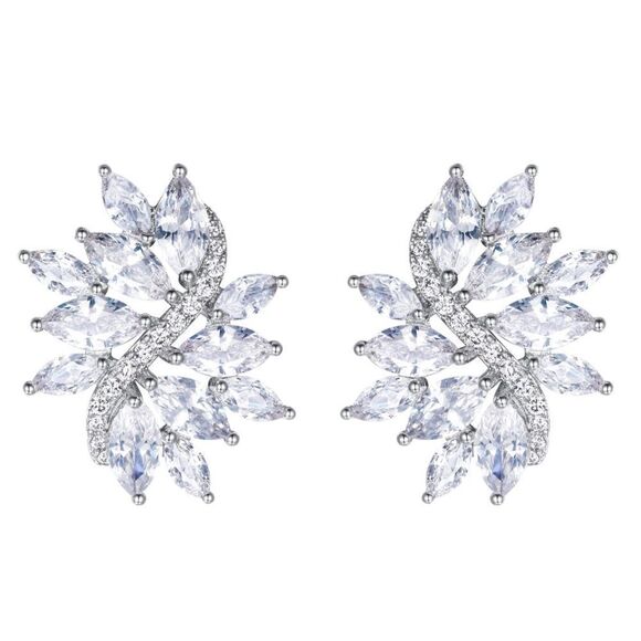 Silver with White Diamond Cubic Zirconia Floral Leaf Post Back Stud Earrings - Picture 1 of 4